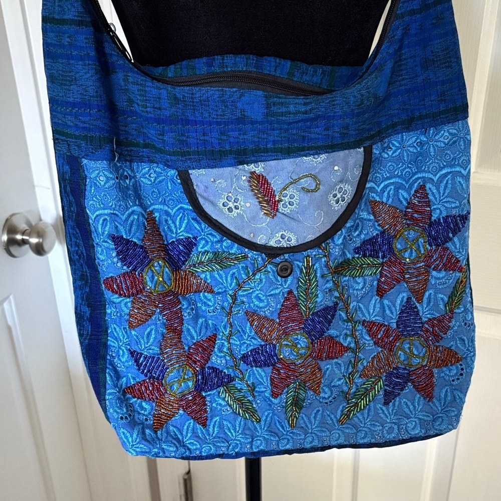 Handmade BoHo Blue Floral Shoulder Bag - Picture 3 of 13